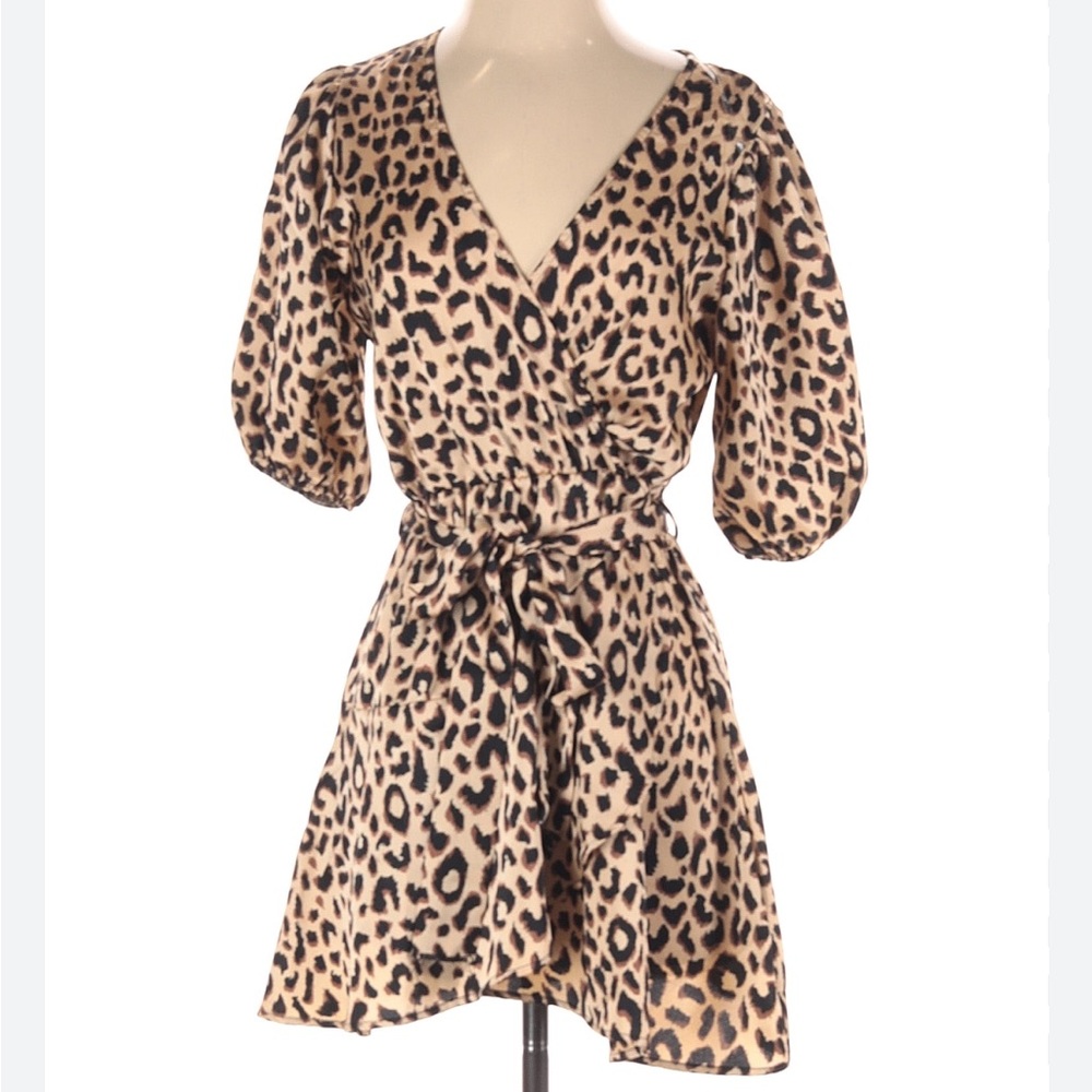 WILLIAM B Leopard Cheetah Print Satin Wrap Style Mini Dress Tie Waist size Large